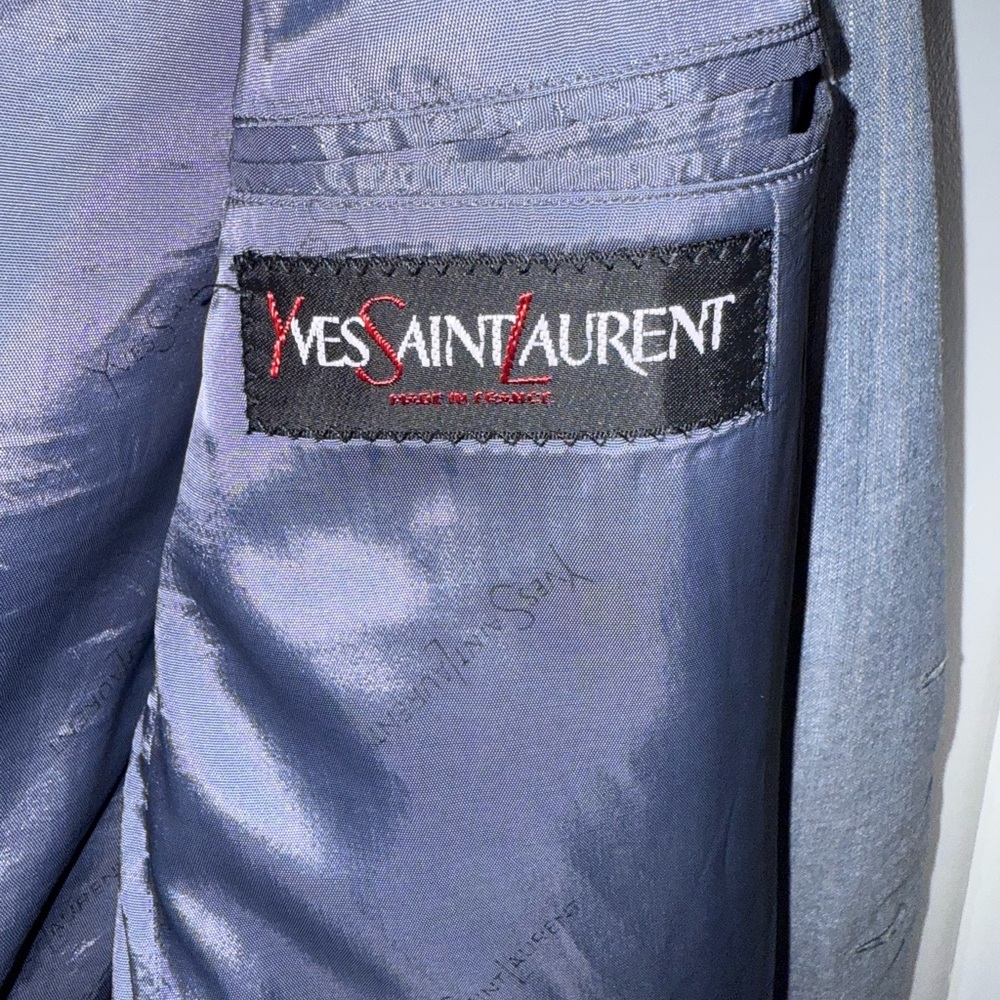 VINTAGE Yves Saint Laurent Light Blue + Tan Plaid Blazer + Removable Fur Collar - Picture 3 of 13